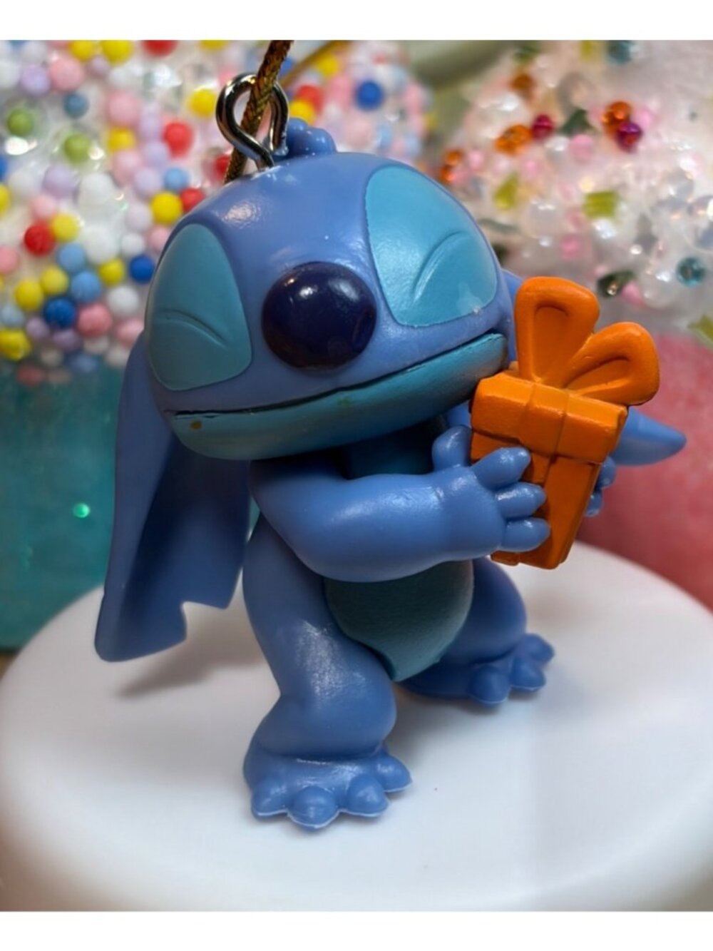 Stitch Christmas Tree Ornament Holding an Orange Small Gift Sf